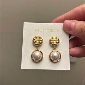 Tory Burch Gold and pearl Logo Earrings